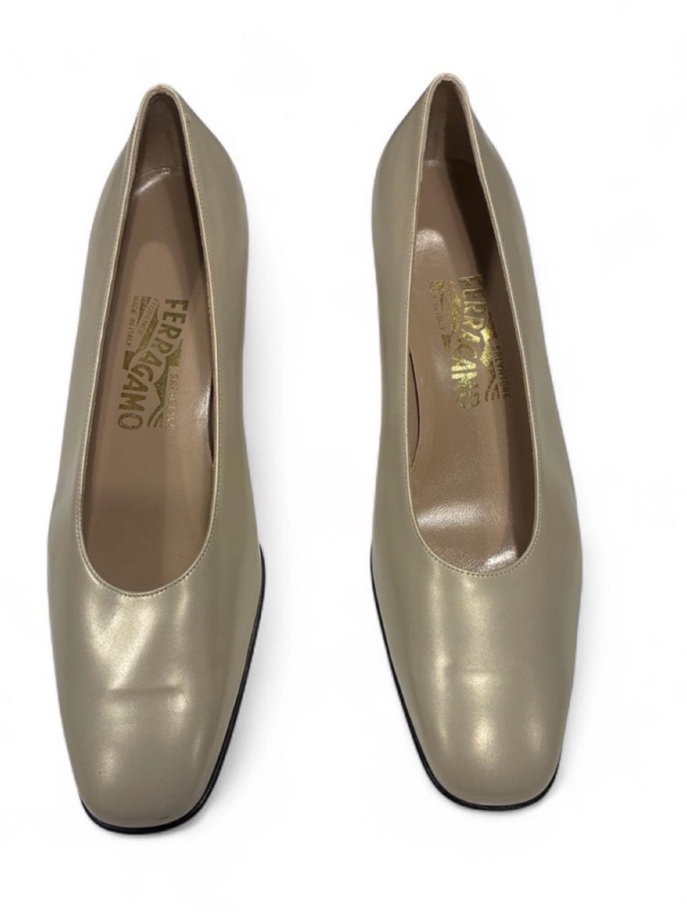 Salvatore Ferragamo Women's Cream/Beige Leather Low Block Heel Pumps
